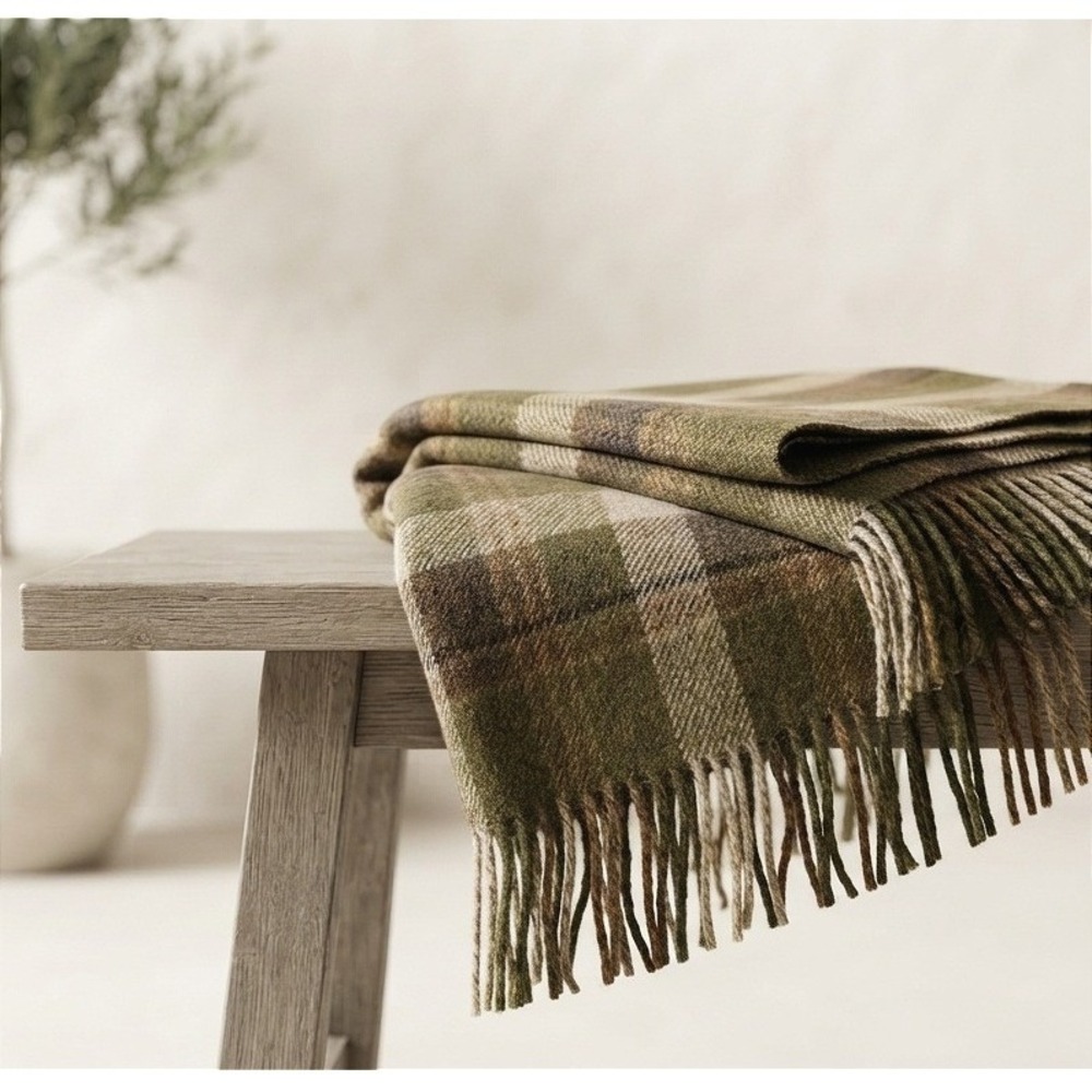 Pendleton Plaid Wool Green Juniper and Fawn Washable Wool Blanket USA 54x60